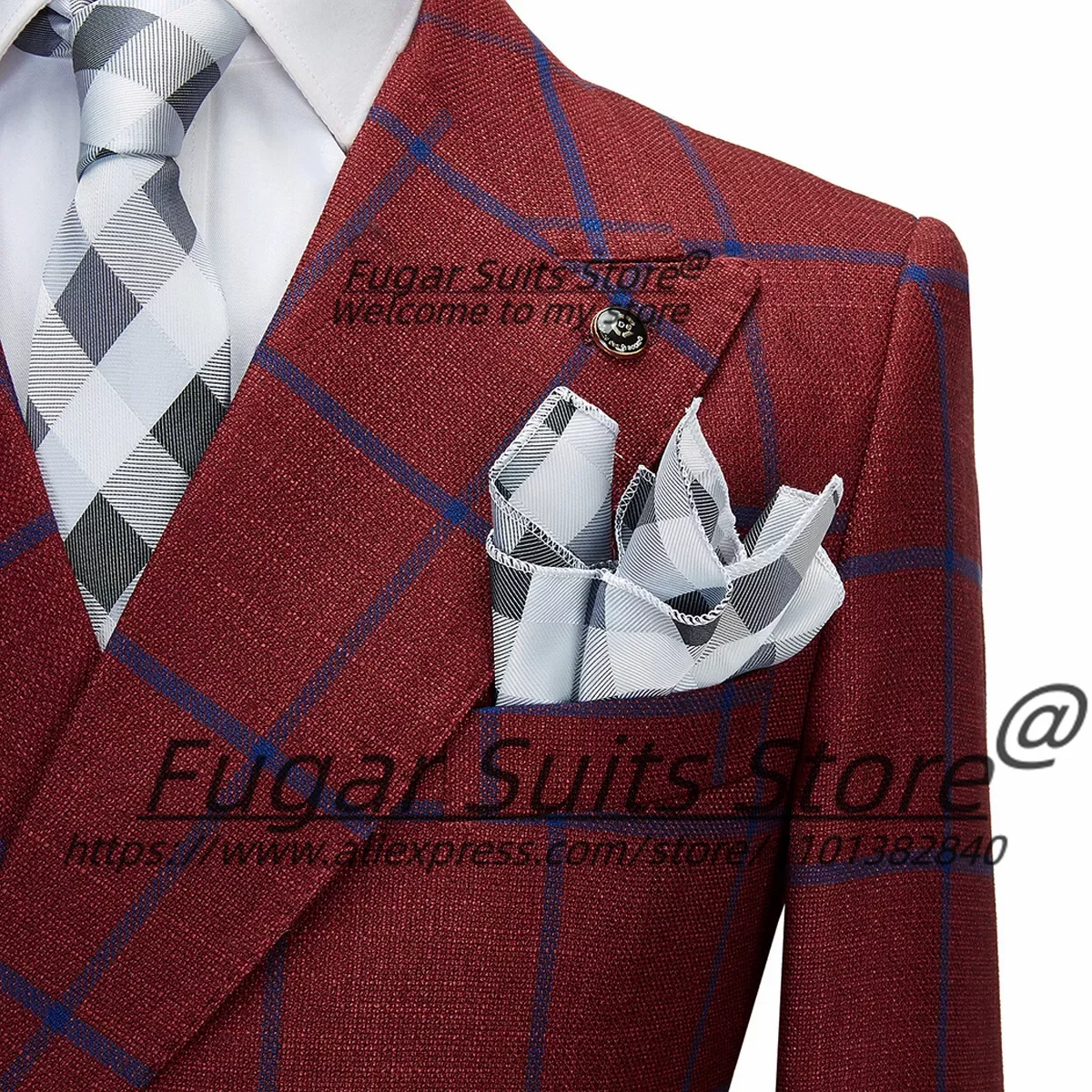 Business Red Plaid Men Suits Slim Fit Double Breasted Groom Wedding Tuxedos 2 Pieces Sets Classic Male Blazers Costume Homme