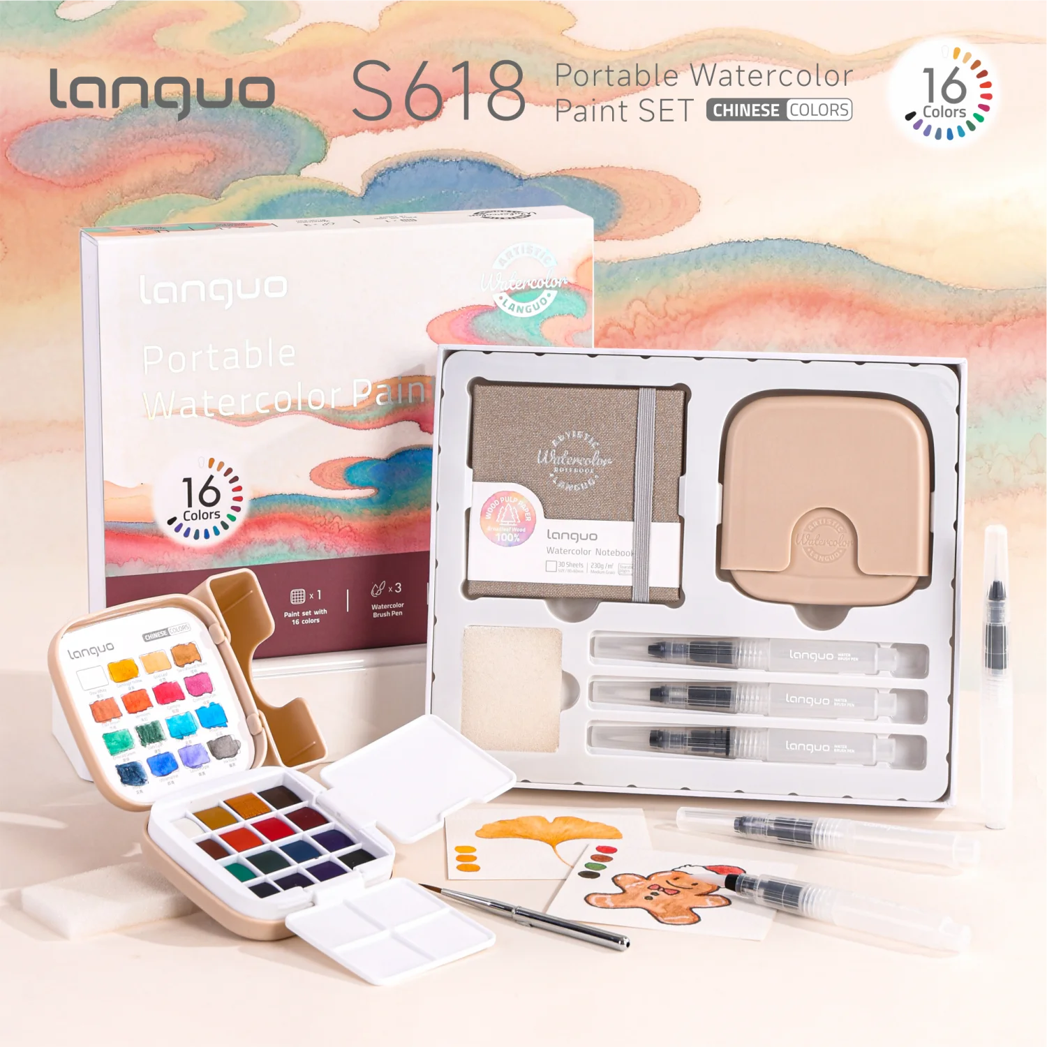 Reise-Aquarellfarben-Set mit Geschenkbox - 16 Farben mit Palette, Tragbares Aquarell-Reiseset mit Pinsel, Malkarte – Detail 12