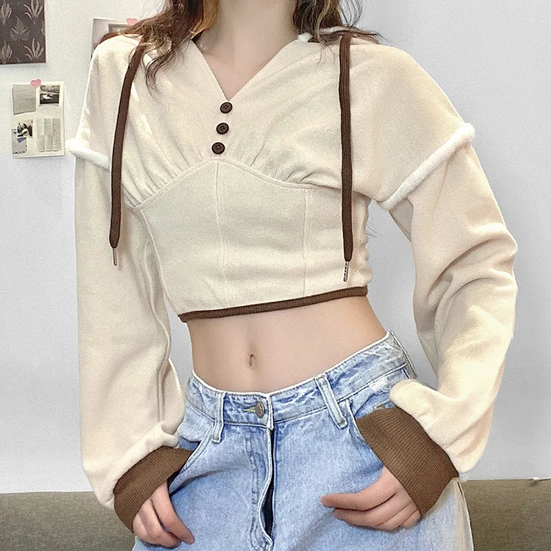 Pure Color Knitted Pullover Hoodie Patchwork Button Long Sleeve Waist Short Hoodie Women's All-match Pullover Warm Clothes