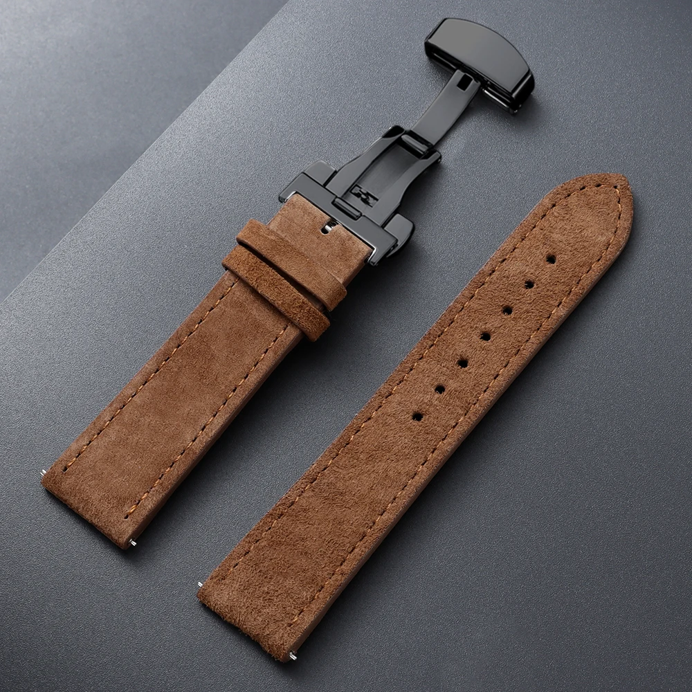 Vintage Suede Cowhide Watch Strap with Butterfly Buckle Bracelet - Sport Wristband