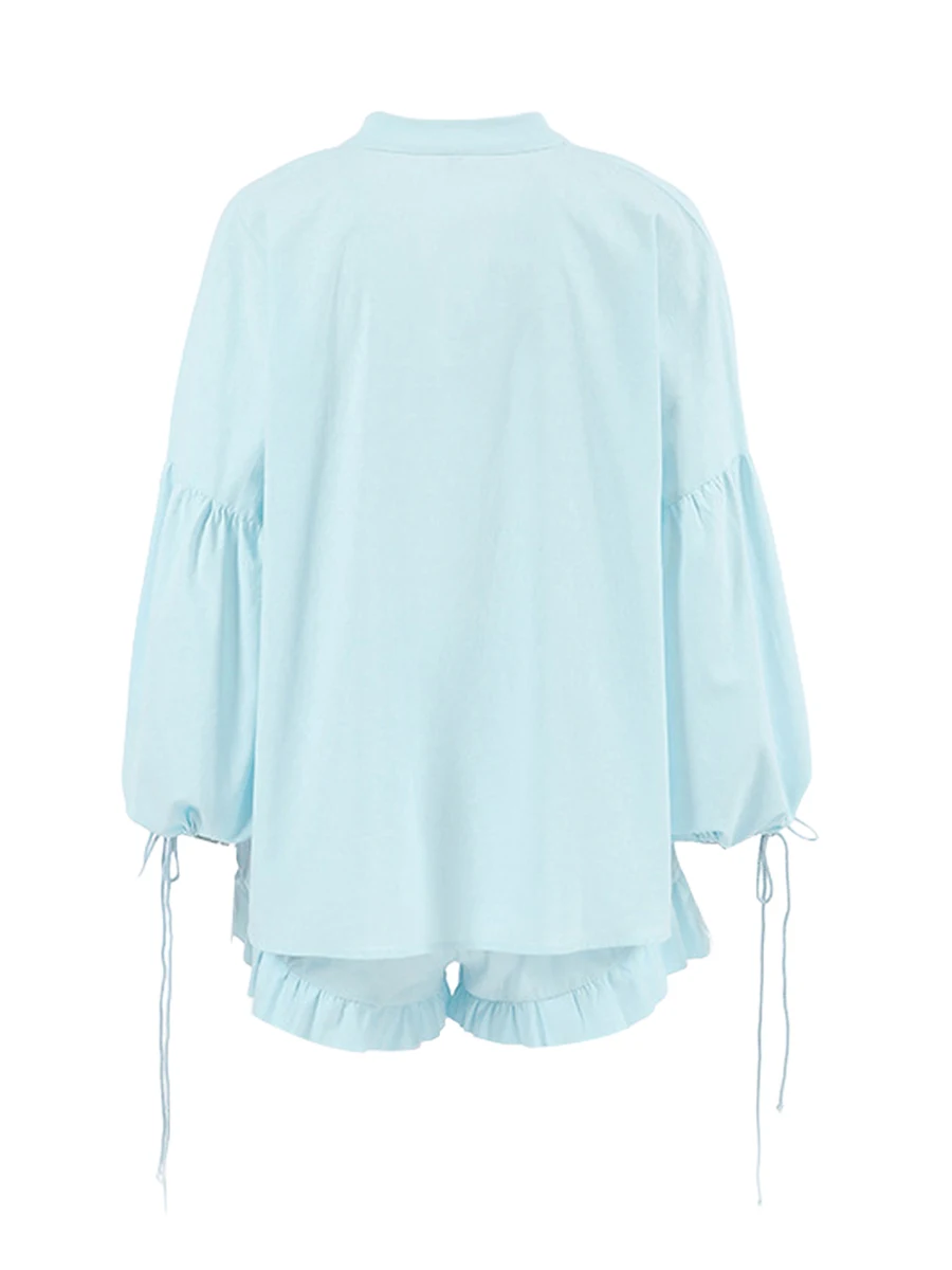 Casual Women s Summer Outfit Stylish Long Sleeve V-Neck Top with Tie-Up Detail and Elastic Waist Shorts Set for a Chic Look 4
