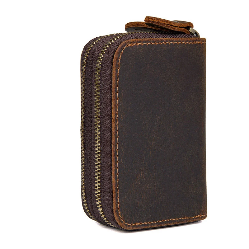 Vintage Leather Card Case & Coin Purse with Hand Strap - Double Zipper Clutch Bag