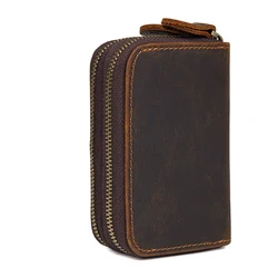 Vintage Leather Card Case & Coin Purse with Hand Strap - Double Zipper Clutch Bag (Coffee)