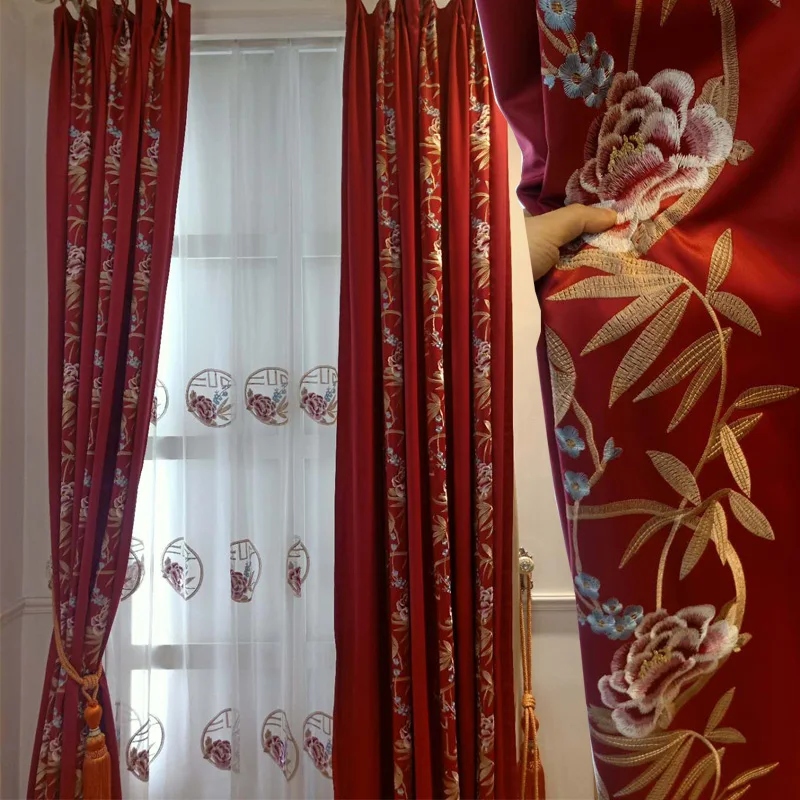 

American retro Curtains for Living dining room bedroom red joyful wedding embroidery classical new Chinese high-grade nobility