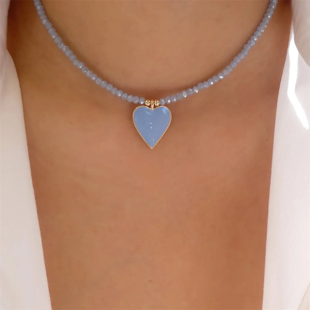 Bohemian Handmade DIY Rose Colour Beads Chain Fashion Short Necklaces For Women Big Heart Pendant Chain Choker Necklace Jewelry - Image 3