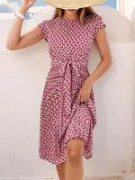 Msfilia Summer Print Pleated A Line Long Dress Women Short Sleeve High Waist Spring Round Neck Chic Dress with Belt - Image 3