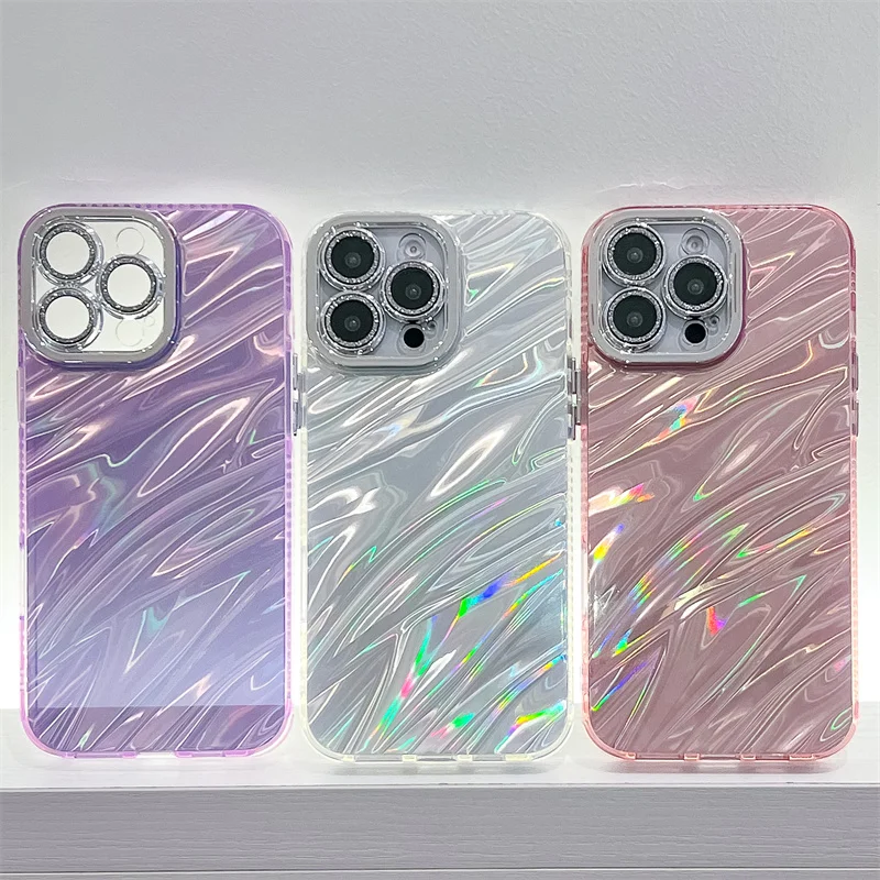 Custodia per telefono in marmo con increspature laser per iPhone 16 Plus 15 14 13 Pro Max, rigida in PC, glitter, protezione per fotocamera, antiurto, cover posteriore_voghion.com