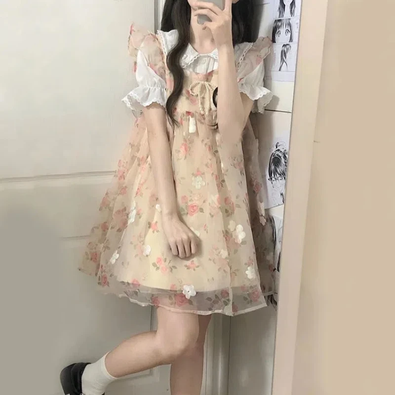 

Summer New Set Woman 2 Pieces All-match Puff Sleeve Ruffled Neck Slim Shirt Sweet Bow Strap Kawaii Printed A-Line Princess Dress