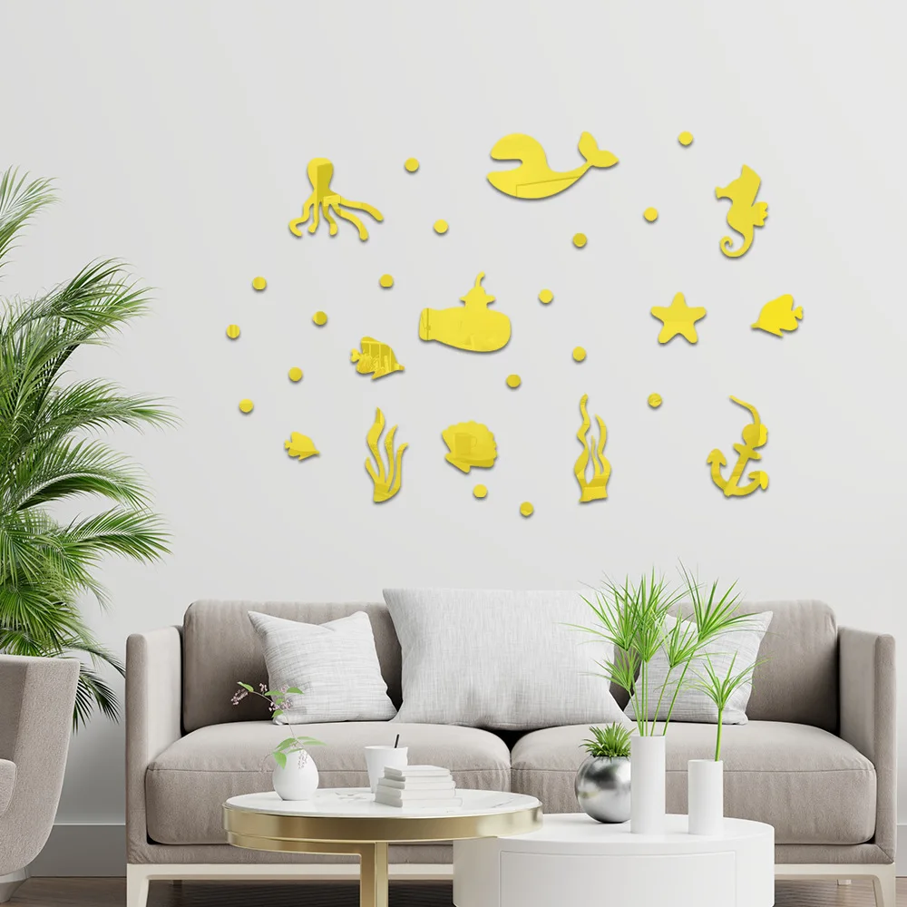 Marine animal acrylic Mirror Wall Stickers children's room Bathroom Wall Decoration Self-pasting Drawing paper Bedroom wallpaper