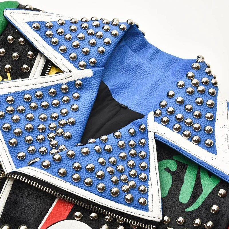 Rivets Motorcycle Leather Jacket for Women 2024 Trend Punk Style Graffiti Print Contrast Stitched Faux Leather Cropped Jacket