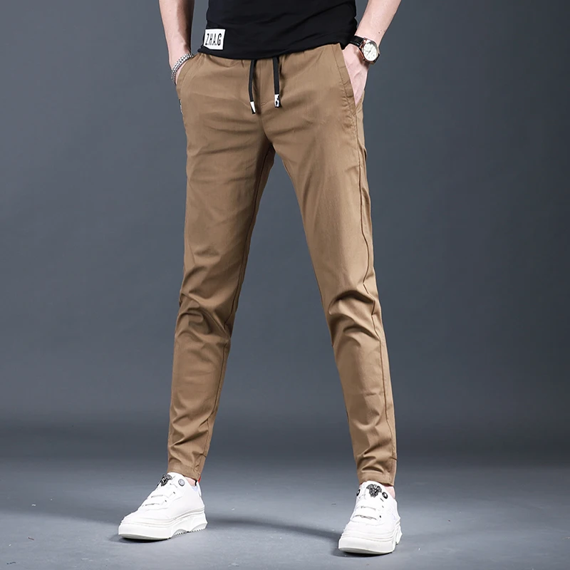 Men's Slim Fit Elastic Waist Black Pencil Pants Summer Fashion Casual Sport Drawstring Jogging Trousers