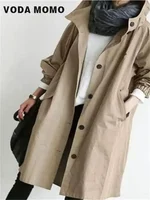 2023 Spring Autumn Casual Korean Fashion Hooded Medium Long Overcoat Loose Windproof Coat Women Trench Coat Solid Color Pocket 1