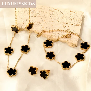 LUXUKISSKIDS Minimalist 3PCS Golden Five-Leaf Flower Necklace Earrings Bracelet Jewelry Sets Shell Clover Dailywear Party Gifts