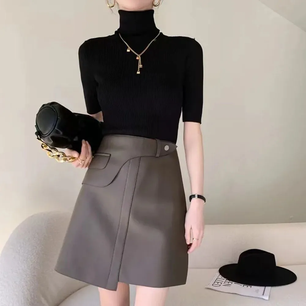 

Autumn 2023New Fashion Women's Pu Leather Skirt High Waist Irregular A-line Spliced Solid Color Mini Suede Skirts Faldas Mujeres