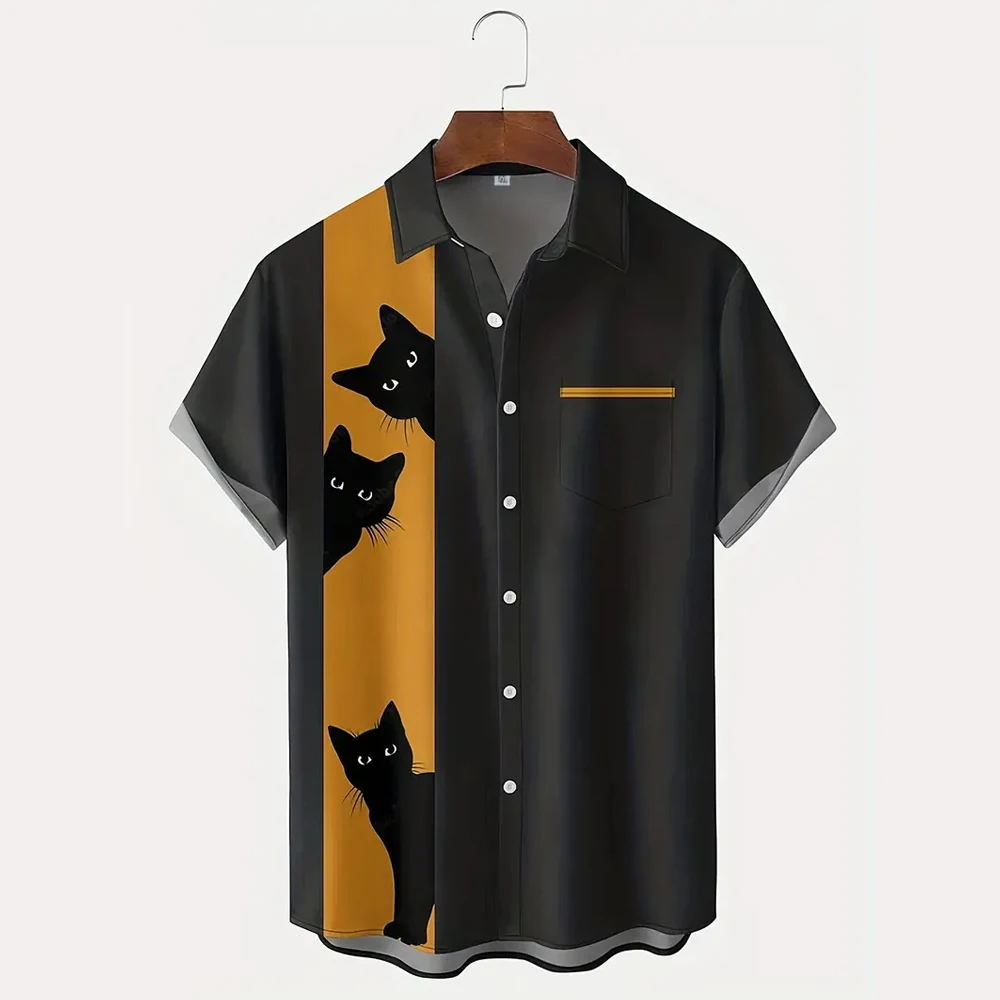 Summer Shirt Unique And Fun Anime Cat Print Top For Casual Vacation Short Sleeve Fashionable Men's Bowling Plus Size Shirt