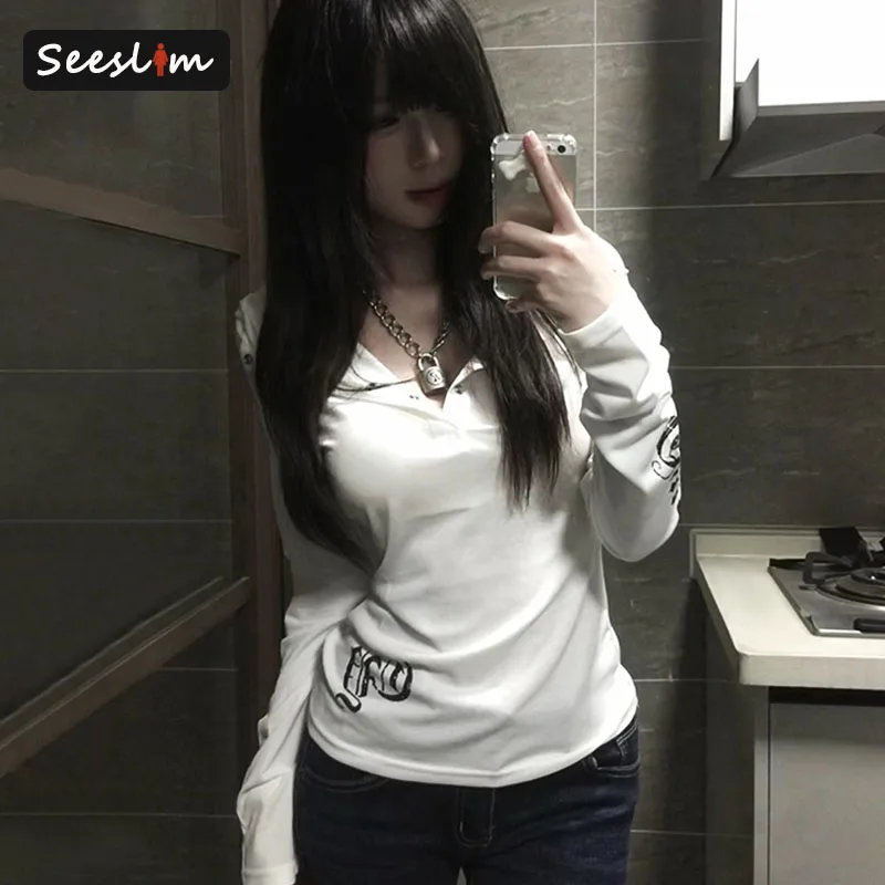 Seeslim Hooded Print Letter Graphic T Shirts Woman Clothes Youthful Long Sleeve 2000s Clothes Y2k Tees Female Clothing Autumn
