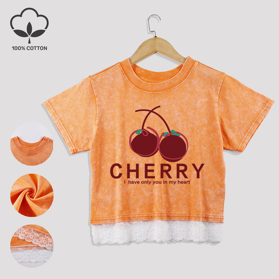 Cherry Illustration Cotton Crop Tees All-Math Summer Lace Hem Washed T-Shirts Regular Fit O-Neck Short Sleeve Casual Clothes