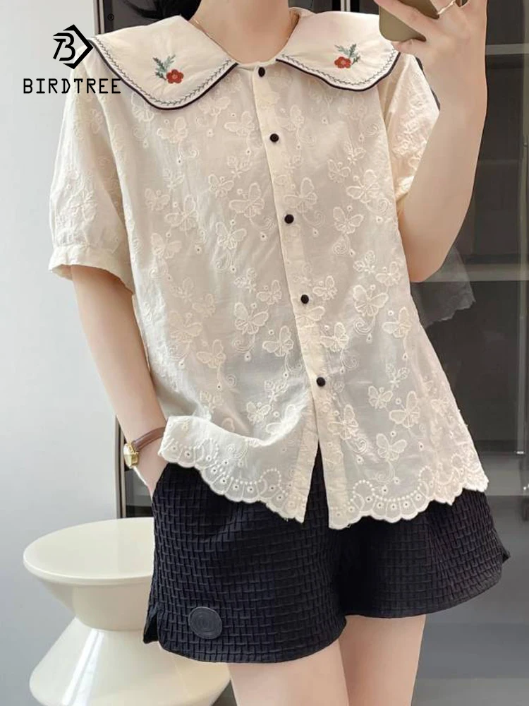 

New Spring Cotton Embroidery Shirt Women Peter Pan Collar Short Sleeve Top Girl Loose Commute Sweet Blouses 2024 Autumn T44716QC