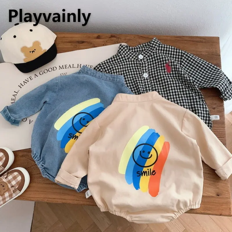 

Spring Baby Boy Girl Bodysuit Plaid Rainbow Smiling Face Cotton Long Sleeves Jumpsuit Newborn Clothes EL716