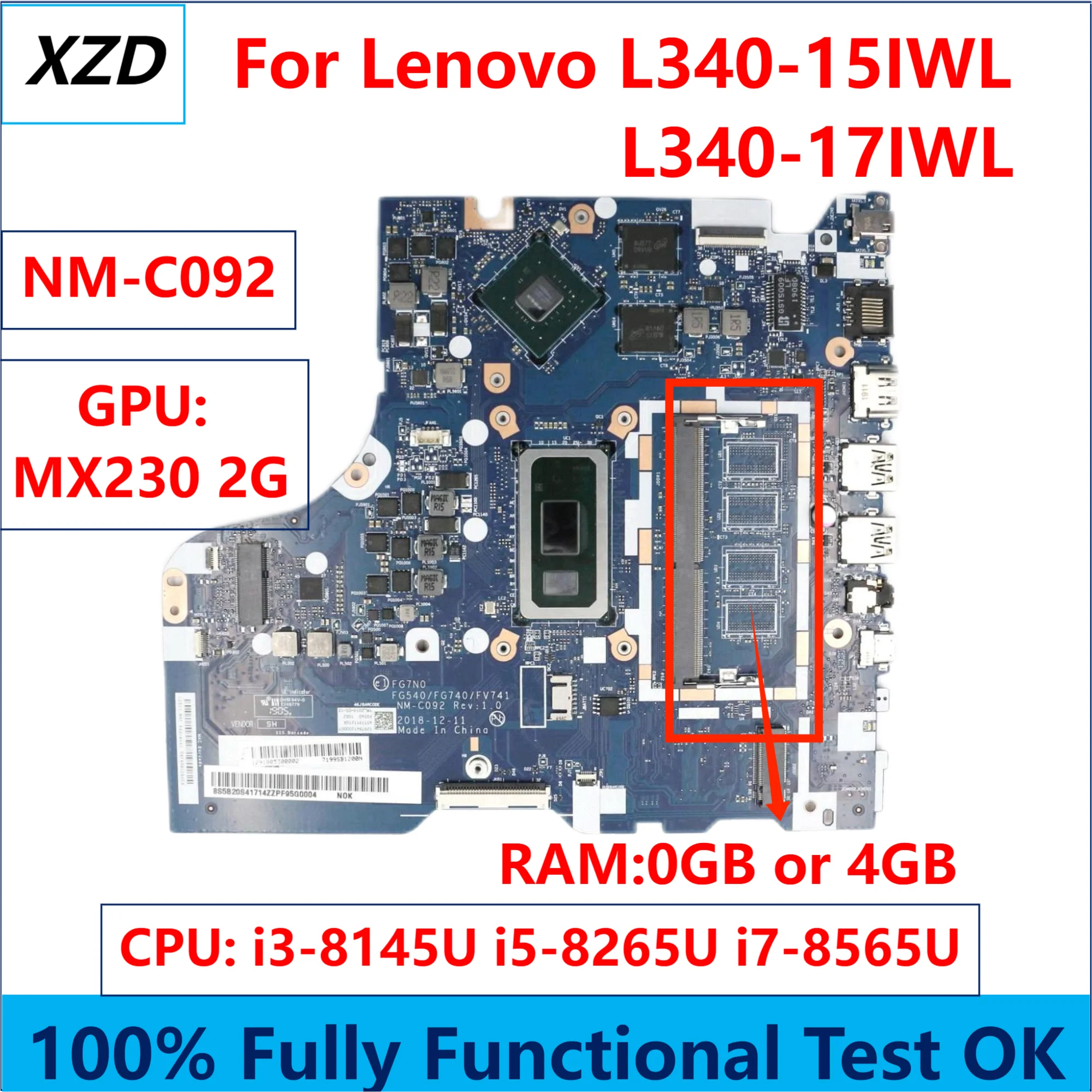 

NM-C092 Mainboard For Lenovo ideapad L340-15IWL L340-17IWL Laptop Motherboard with i3 i5 i7 CPU MX230-GPU 100% test OK