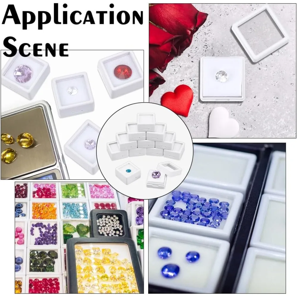 Gemstone Display Boxes White Plastic Square Jewelry Display Lids and Sponge for Bare Stone Naked Diamond 12 Pcs 1.2x1.2x0.6 Inch