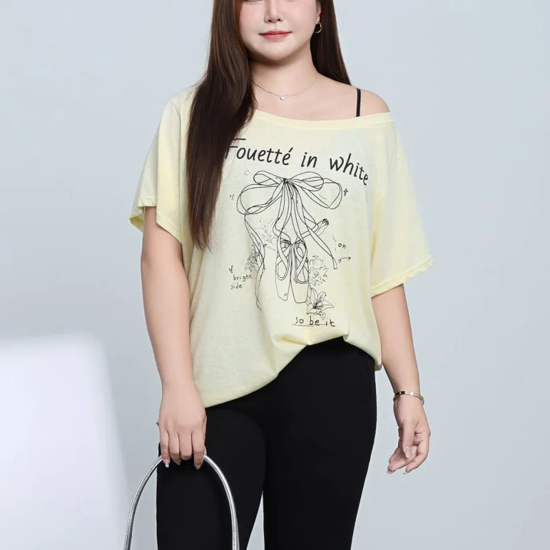 The Ballet Girl Snowflake Cotton Thin Oblique Shoulder T-shirt Plus Size Women Premium Casual And Youthful Summer Tops 9251