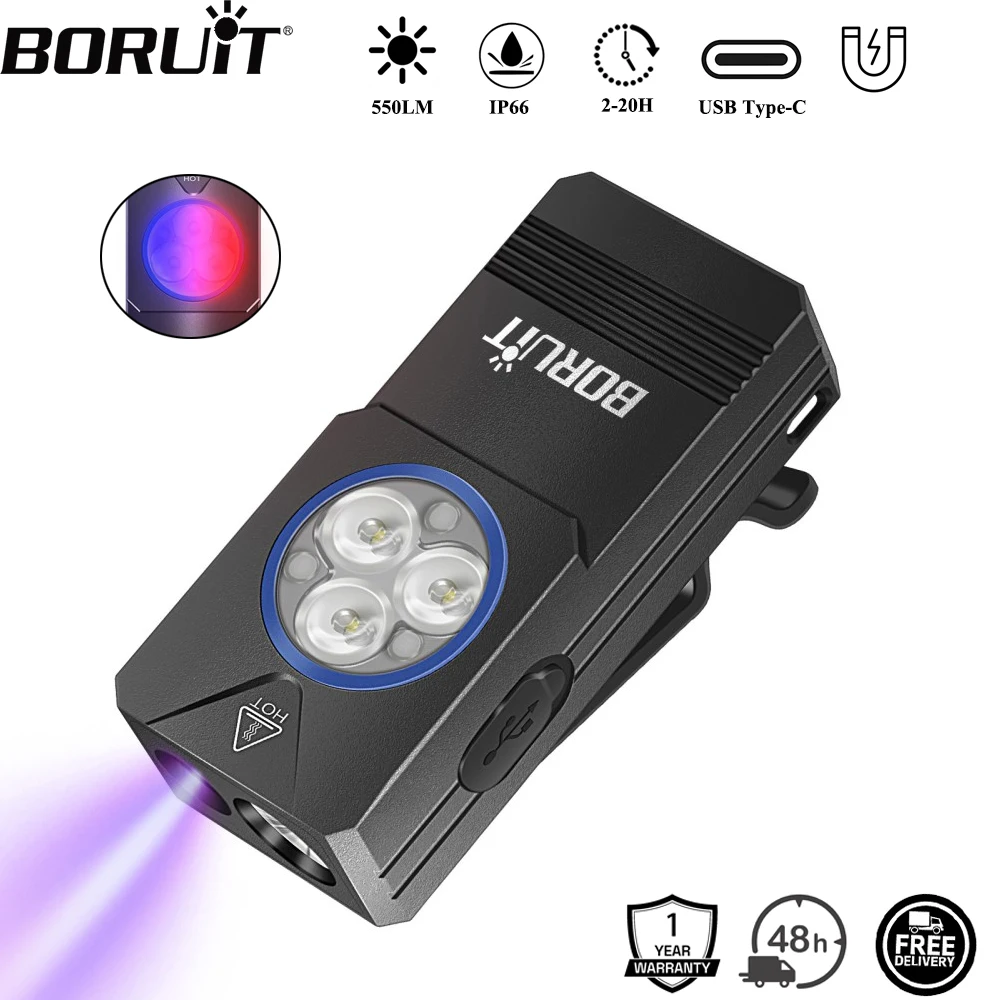 BORUiT EV30 550LM porte-clés EDC lampe de poche type-c Rechargeable UV LED lampe de travail torche avec aimant Camping lanterne de poche