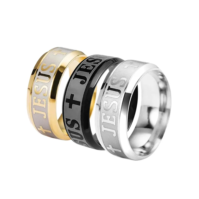 Stainless Steel Engraved Letter Jesus Cross Ring For Men Religion Faith Jewelry
