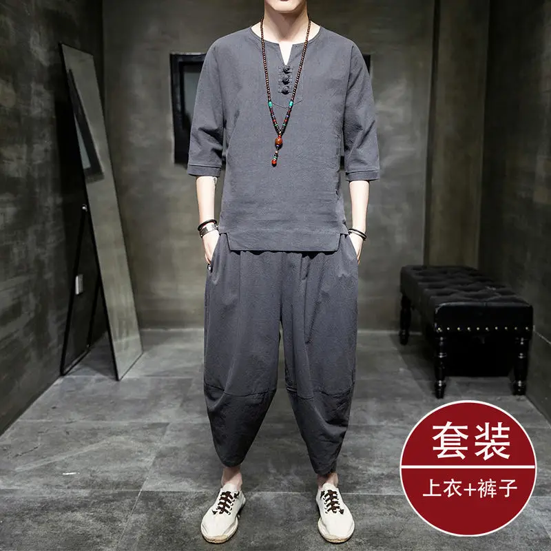 

2022 Short-sleeved T-shirt Men's Summer Linen Suit Comfortable Breathable Thin Loose Casual Men's T-shirt + Pants Suit