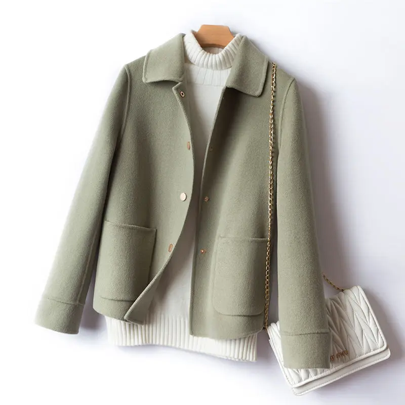 2024 Autumn Short Wool Coat Women Loose Korean Casual Long Sleeve Outwear Oversized Solid Casual Female Woolen Red Jacket