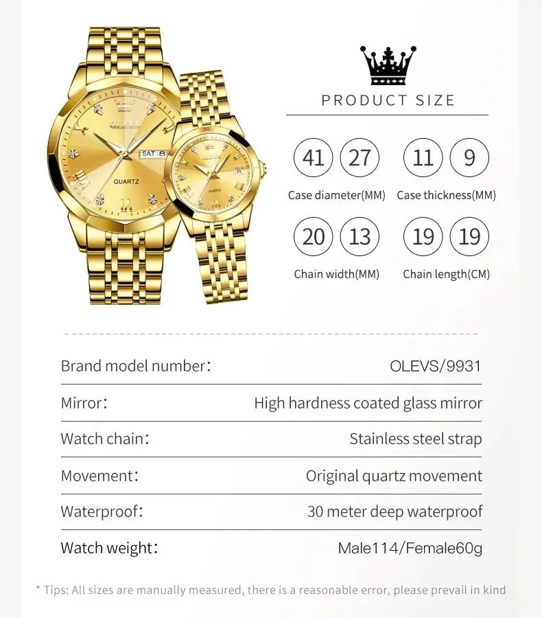 OLEVS 9931 Watch For Men Women Luxury Original Quartz Couple Watches Rhombus Mirror Waterproof Calendar Business Wristwatch