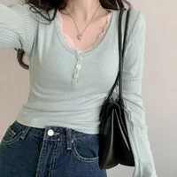 T-shirts à manches longues pour femmes, Slim, boutons en dentelle, Kawaii, Y2k, hauts décontractés, pulls, nouvelle collection printemps 2024 2