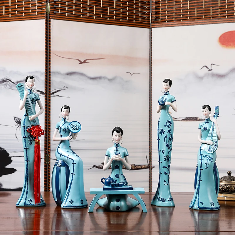Chinese style cheongsam lady new Chinese high-end decoration art home entrance wine cabinet bogu rack living room ornament