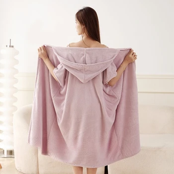 Wearable Bath Towel Absorbent Quick-drying Coral Bathrobe Hooded Long Soft Household Nightgown Autumn and Winter