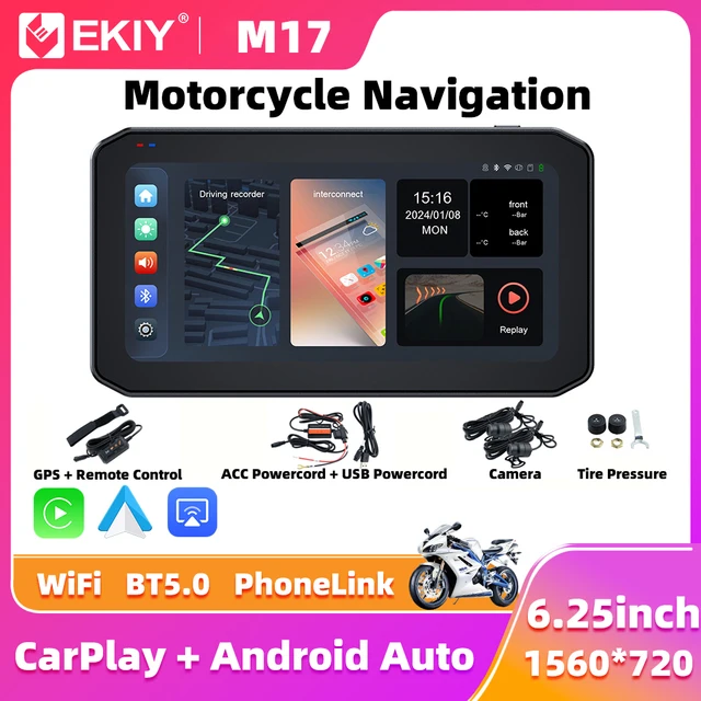 EKIY 6.25" Wireless CarPlay Moto Android Auto Portable Digital Motorcycle Dashboard GPS Navigation Display Screen TPMS Monitor