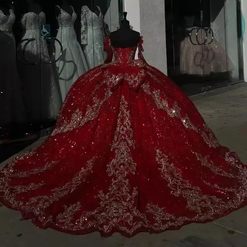 Red Long Sleeves Princess Quinceanera Dresses Gold Lace Appliqued Birthday Vestidos De 15 A&ntilde;os Quincea&ntilde;eras Sweet 15 Customized