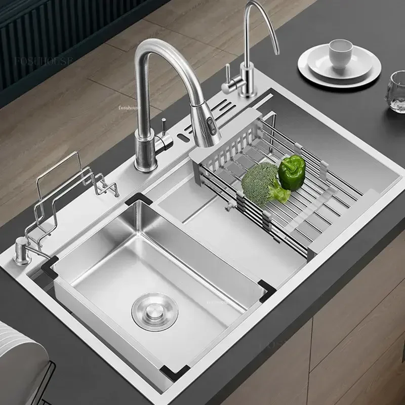 Stainless Steel Kitchen Sink Bar Single Basin Multi-function Kitchen Dish Sink with Knife Holder Home Nano Large Single-slot ZZ
