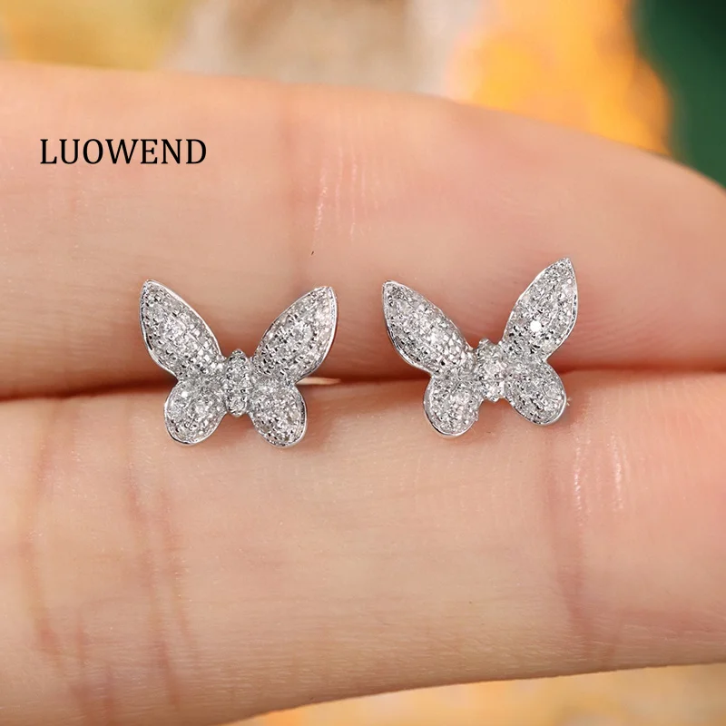 

LUOWEND 18K White Gold Earrings Elegant Butterfly Design 0.30carat Real Natural Diamond Stud Earrings for Women Birthday Gift