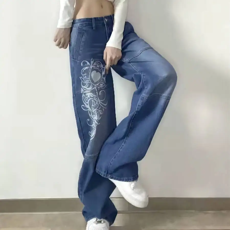 

FUAMOS New Personalized Wide Leg Jeans Women's European American Fashion Printed Loose Denim Trousers Casual Super Pants