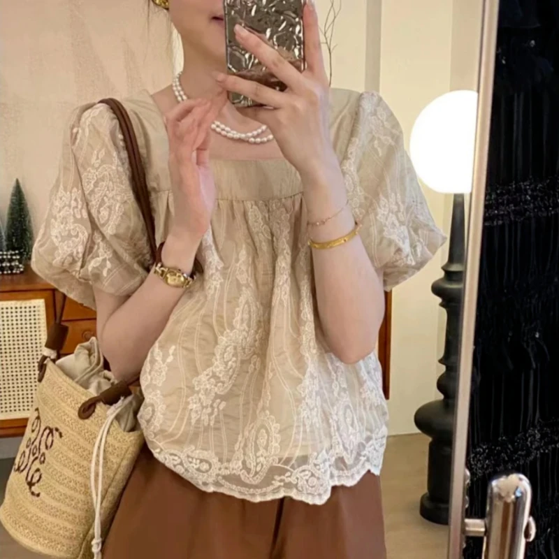 

Sweet Style Lace Women Blouse Summer Vintage 2023 Embroidery Square Collar Puff Sleeved Slim Elegant Female Pulls Tops