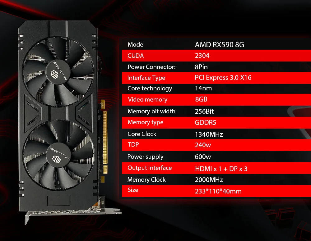 MLLSE AMD RX 590 GME 8GB Gaming Graphics Card GDDR5 256Bit PCI Express ...