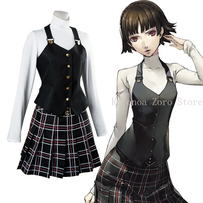 

Anime Persona Makoto Niijima Cosplay Costume Long Sleeve Knitted Top Printed Skirt Stockings Vest Wig Japanese Schooluniform