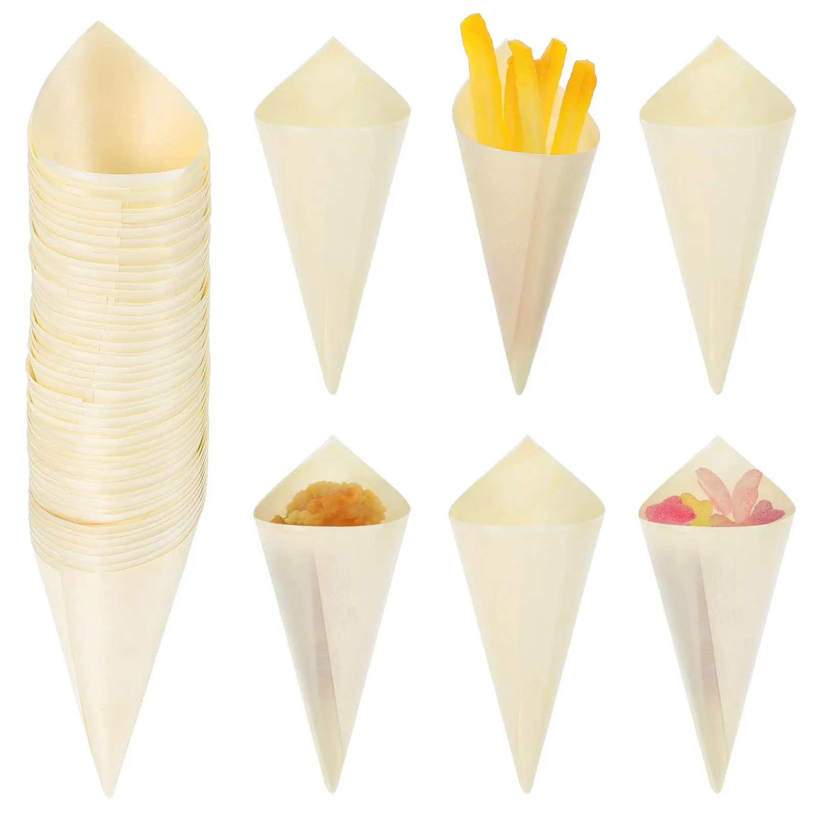 100 Pcs Small Dessert Cones Veneer Roll Coffee Ice Cream Food Holders Foam Charcuterie Wooden Product Waffles
