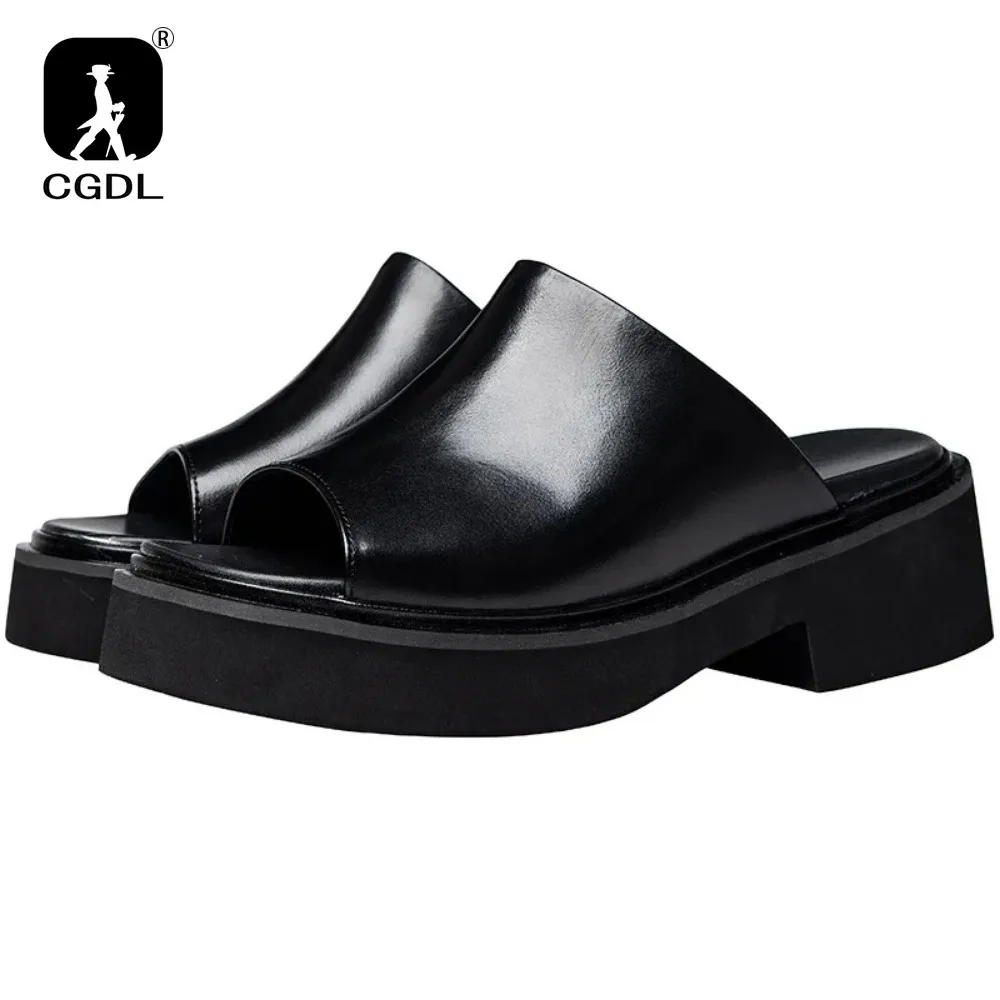 6CM High Heel Mens Casual Leather Slippers Luxury Handmade Genuine Leather Outdoor Fashion Platform Summer Party Sandals Man