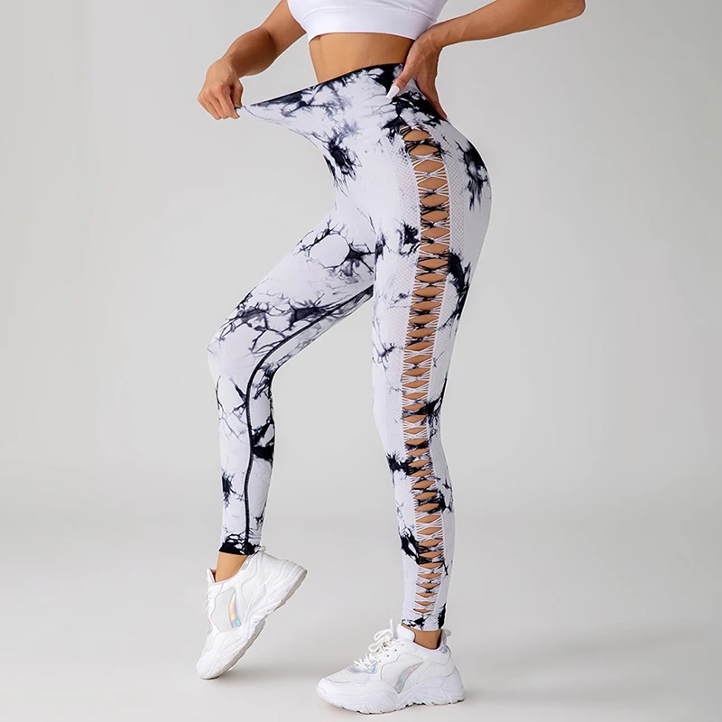 

Women's Tie Dye Yoga Pants High Waist Butt Lifting Fitness Pants Side Hollow Seamless Sports Leggings