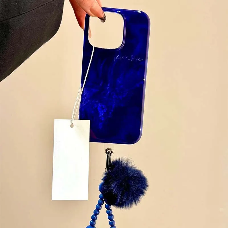 Whirlpool Pattern Blue Embossed Phone Case with Plush Ball Charm