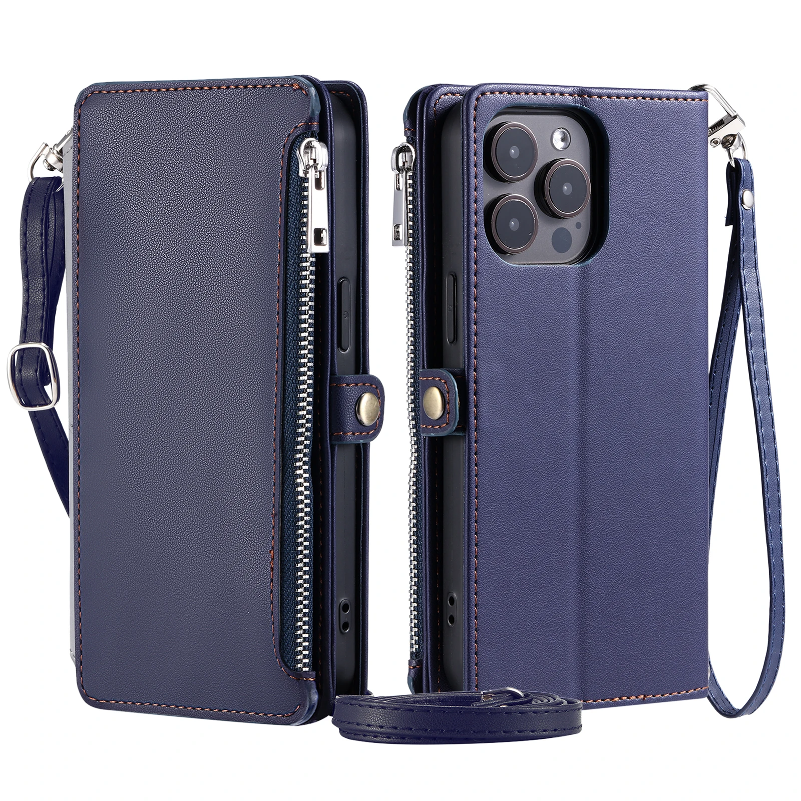 Crossbody Zipper Wallet Case with Multi Card Slots and Leather Lanyard Flip Cover