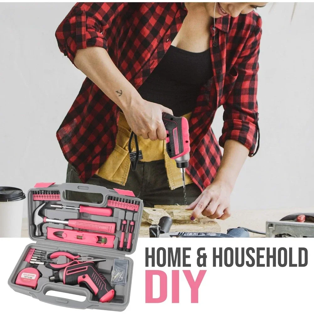 35pc Pink tool kit with 3.6V USB Electric Screwdriver and drill set. Complete women tool set pelican case toolbox 6