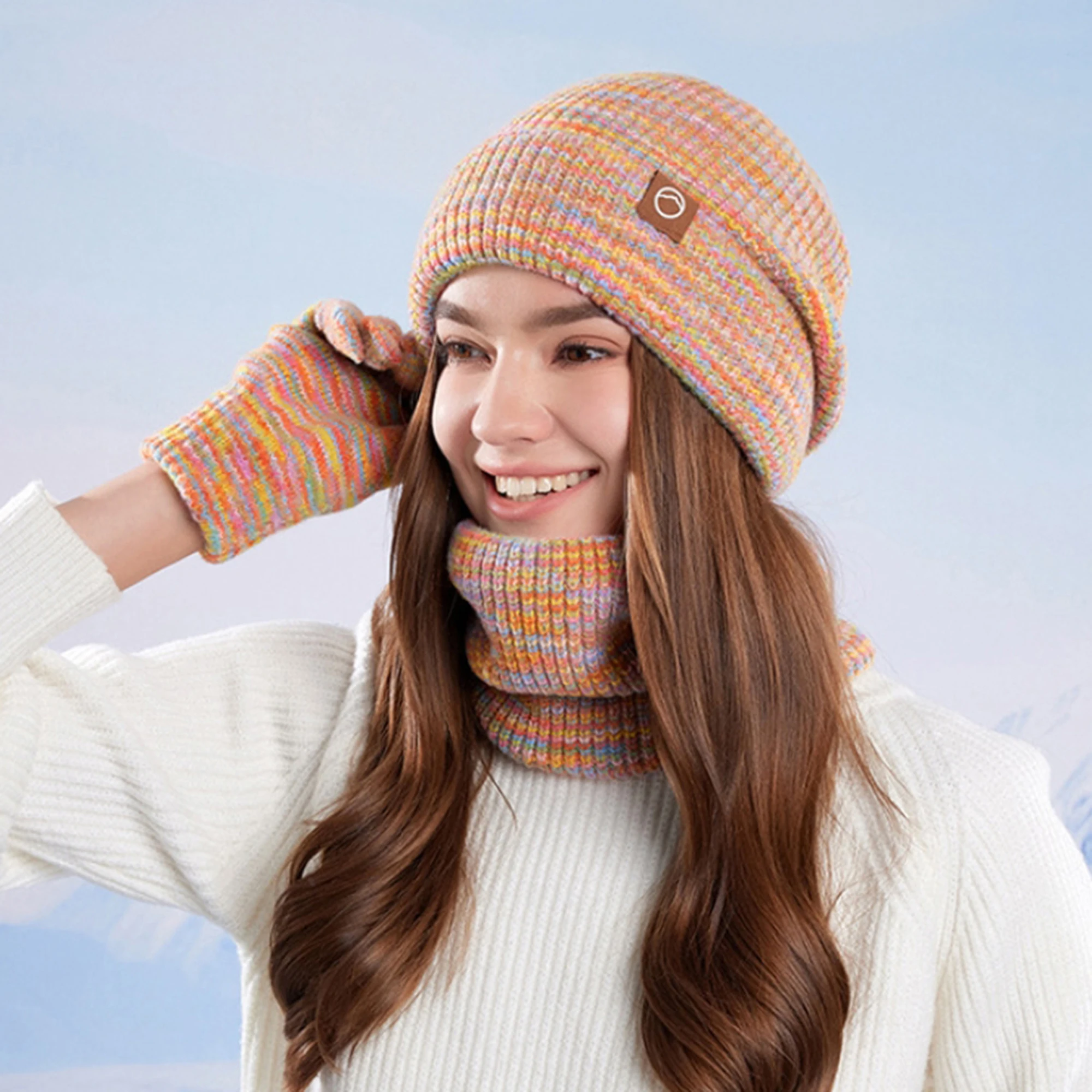 Unisex Winter Knit Beanie Scarf Gloves Set Thick Warm Ribbed Hat Matching Accessories for Men and Women