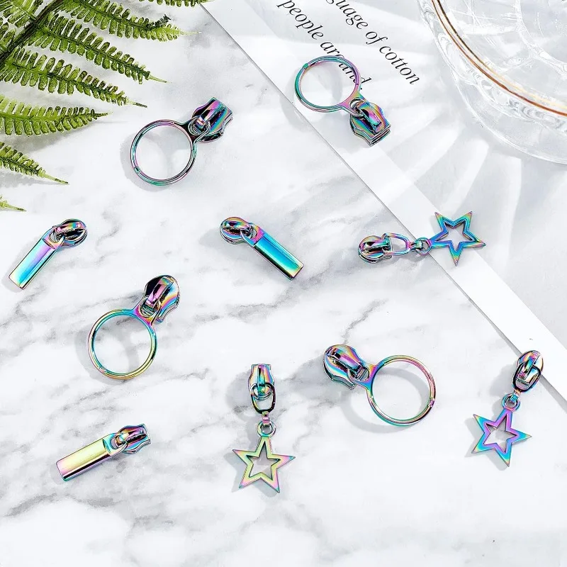 12PCS Rainbow Zipper Pulls Sliders Auto Lock Zipper Pull Colorful Star Round Metal Replacement Repair Kit Bulk Teeth Head